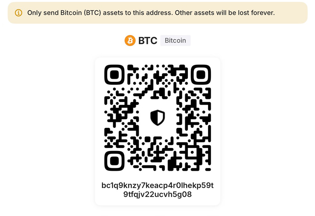 Bitcoin QR code and address for payment.