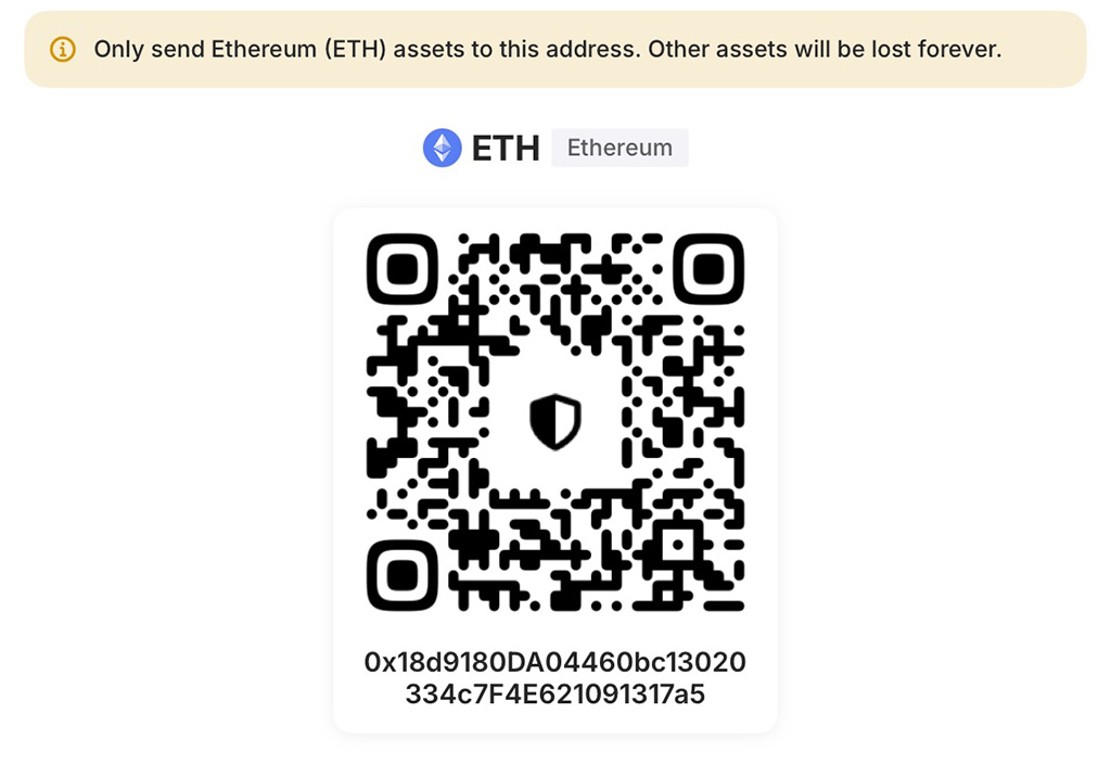Ethereum QR code and address for payment.