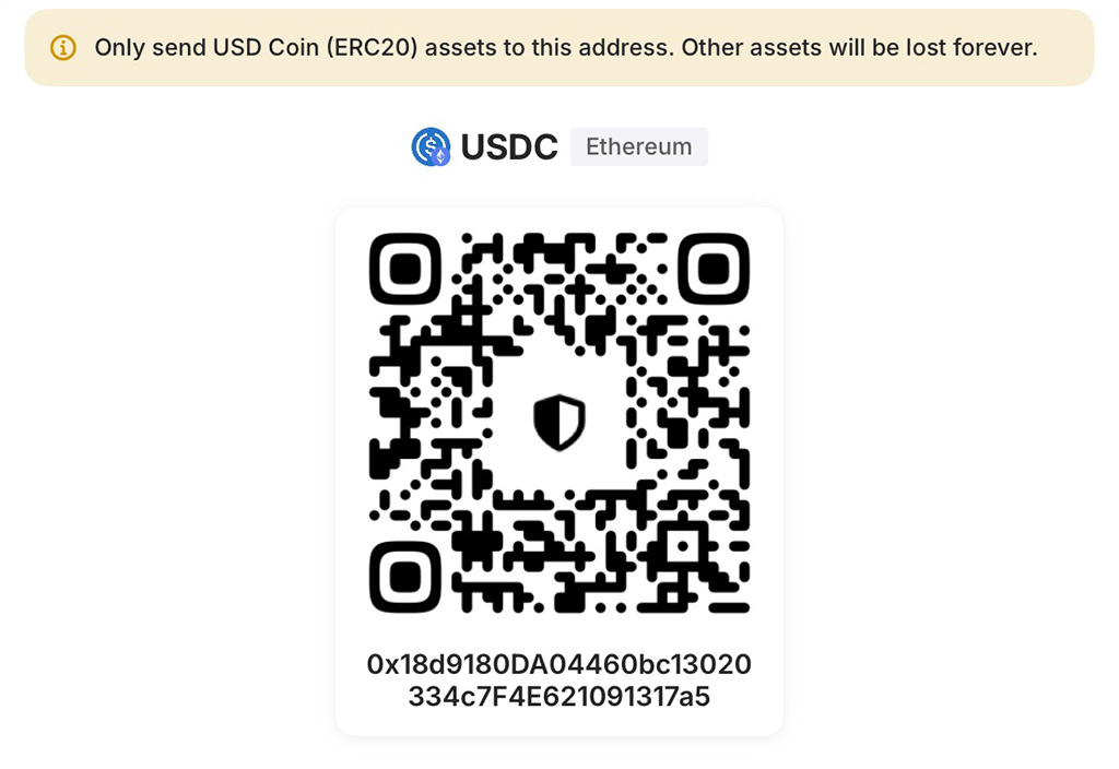USDC QR code and address for payment.